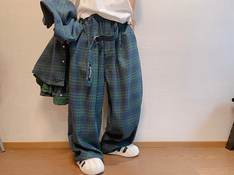 Retro Loose Profile Green Plaid Belt Casual Pants