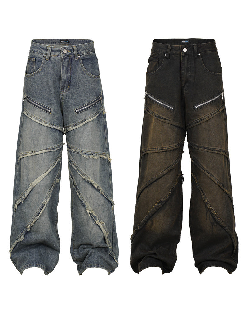 Zipper Pleated Deconstructed Stitching Edging Jeans Straight-leg Trousers