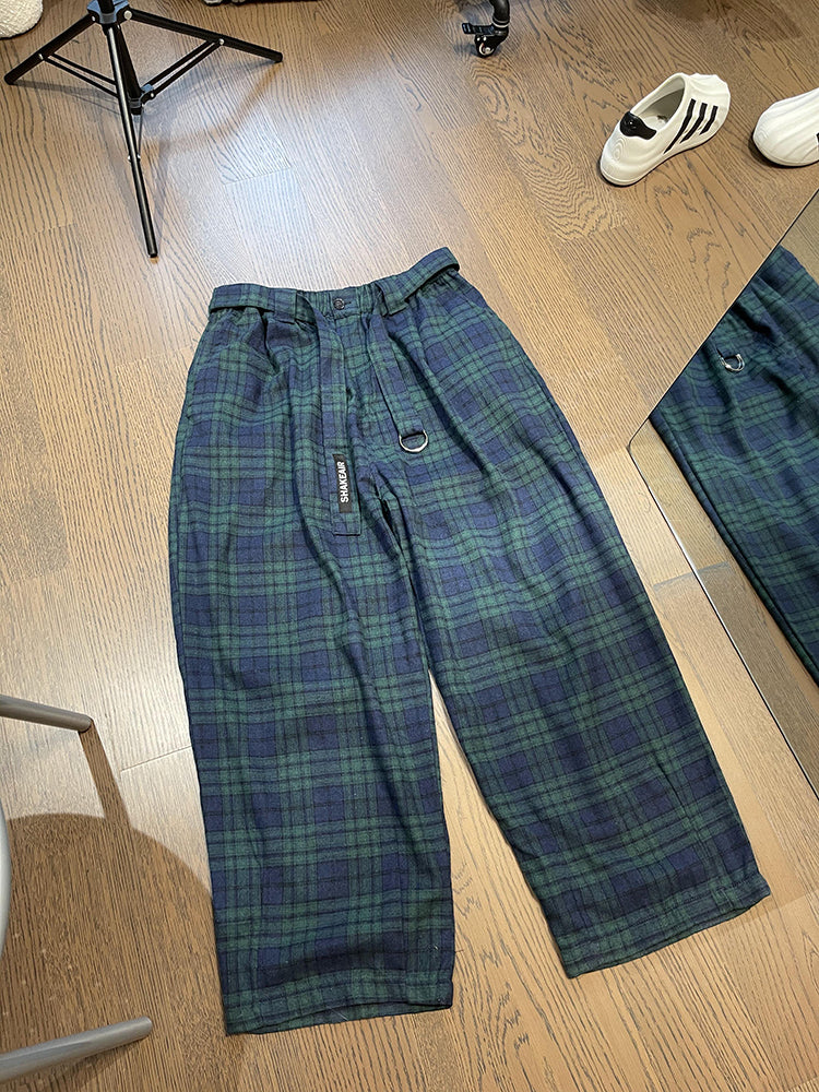 Retro Loose Profile Green Plaid Belt Casual Pants