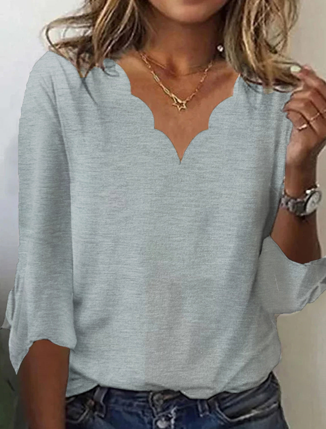 Simple Solid Color Long Sleeve V-neck Women's Shirt
